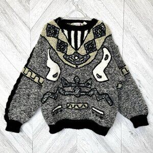 Vintage Sweater Mens Large Textured 3D Knit Pullover Acrylic Mohair Crew Neck